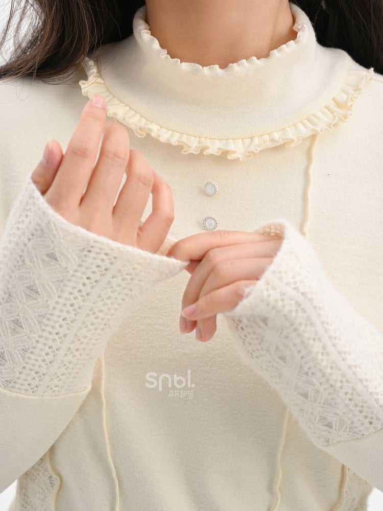 Apricot Crochet Patchwork Waist and Cuffs Slim-fit Long Sleeves Top