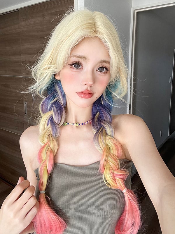 Rainbow Color Long Wavy Synthetic Wig With Curtain Bangs