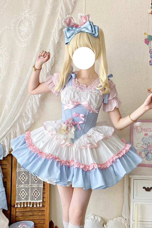 Light Blue Pink White Fairy Tale Overture Triple-Layered Ruffle Bow Fishbone Ballet Dress