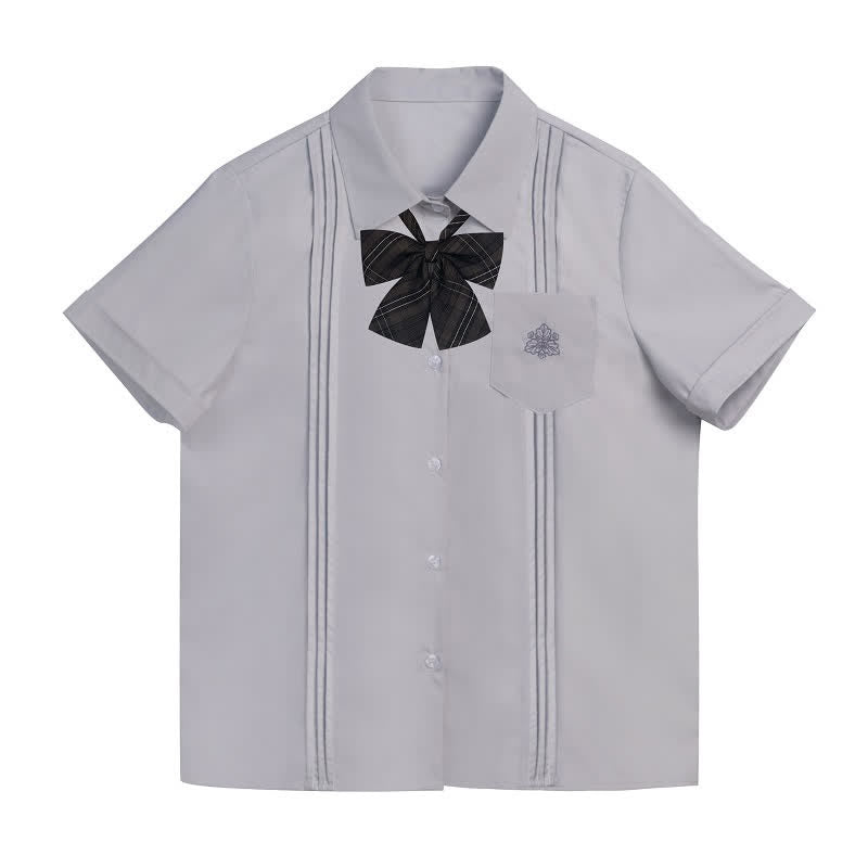 Embroidered Pocket Bow Tie Polo T-Shirt Plaid Pleated Skirt Uniform Set