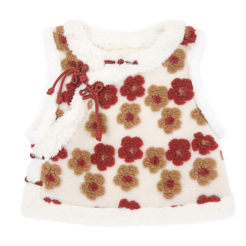 Red Flowers Buckle Vest Bowknot Cheongsam Dress