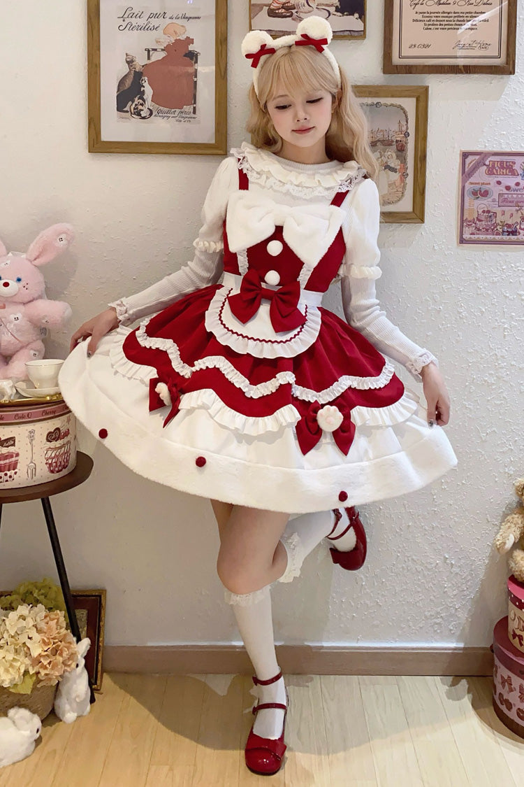 Winter Ruffle Bowknot Sweet JSK Dress in 3 Shades - Cream Snow Cat