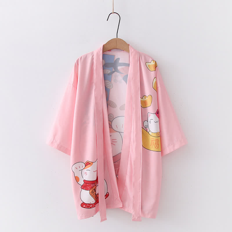 Lucky Cat Letter Print Cardigan Kimono Outerwear