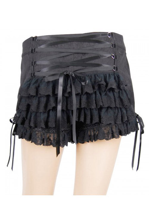 Gothic Jacquard Short Pants for Women in Black with Double-Breasted Buttons & Lace Hem