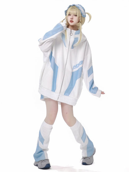 White and Blue Mesh Splicing Zip Hoodie Sweatshirt