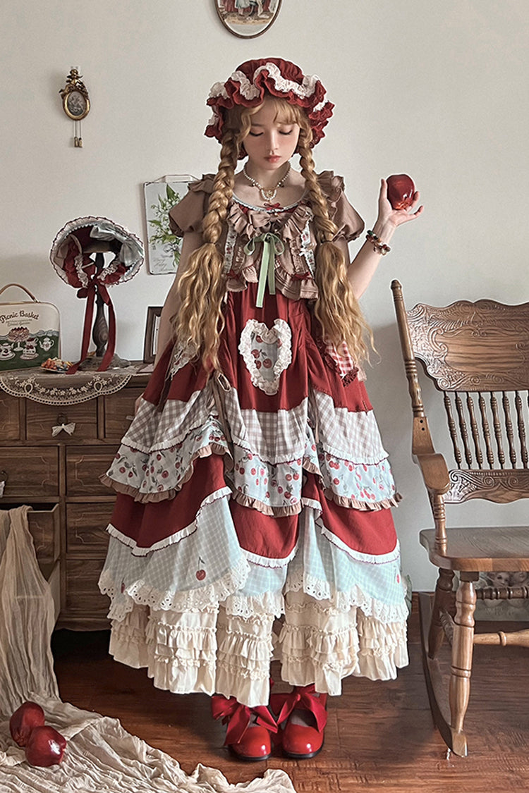 Cherry Print Multilayer Ruffle Embroidery Sweet Lolita Dress