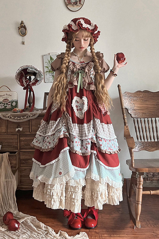 Cherry Print Multilayer Ruffle Embroidery Sweet Lolita Dress
