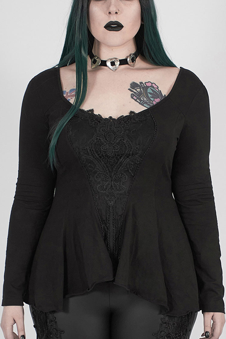 Plus Size Gothic Tee with Round Collar & Back Lace-Up Frill