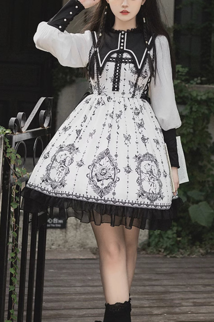 Black White Lace Ruffled Butterfly Magic Print Gothic OP