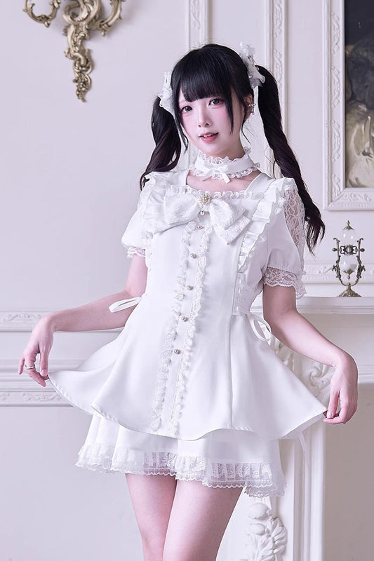 White Short Sleeve Ruffled Bow Gothic Jirai Kei Dress Set