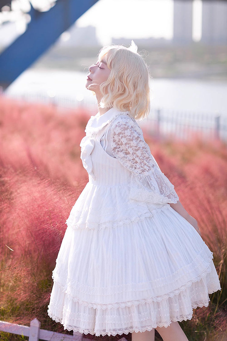 White Sweet Lolita Dress with Tower of Dawn Bowknot and Ruffled Sleeveless