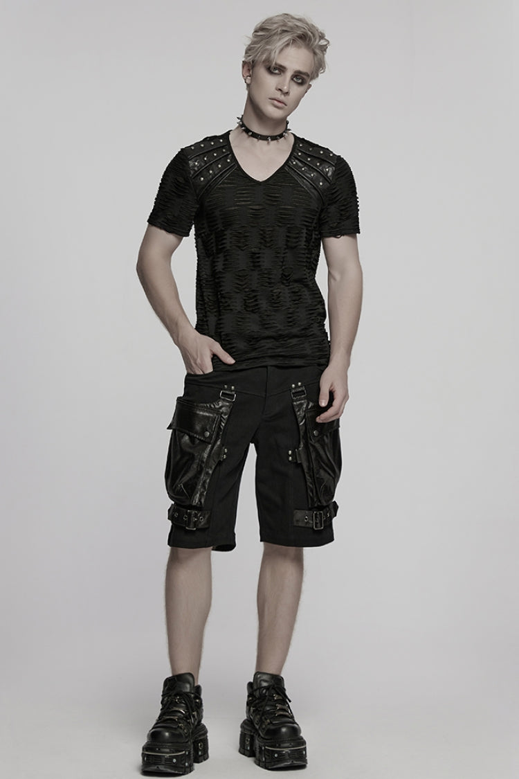 Men's Punk Shorts with Faux Leather Trim & Oversized Pockets