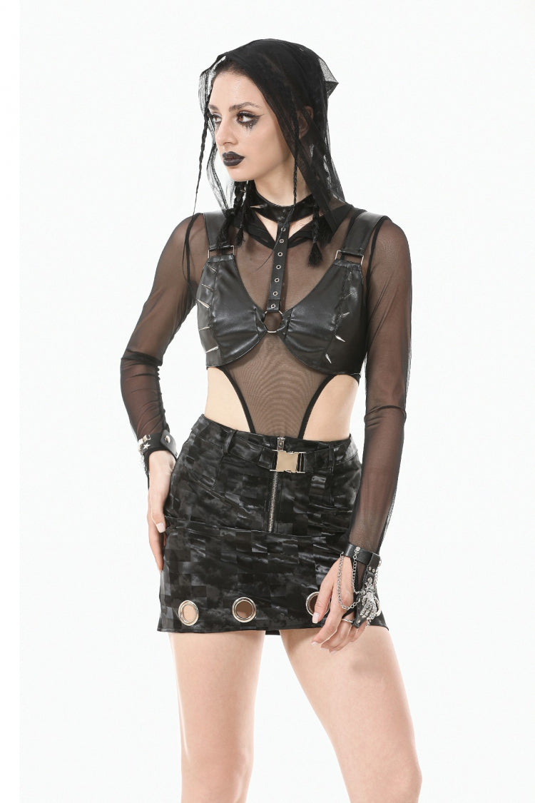 Ebony Studded Faux Leather Punk Corset Crop Top with Adjustable Clasps