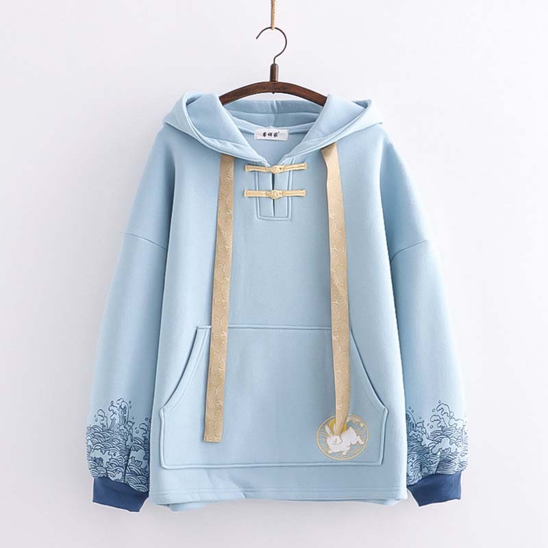 Casual Rabbit Embroidery Wave Print Hoodie