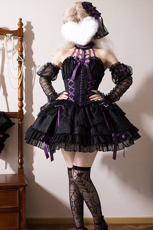 Purple-Trimmed Sleeveless Bow Ruffled Layered Lolita Gown