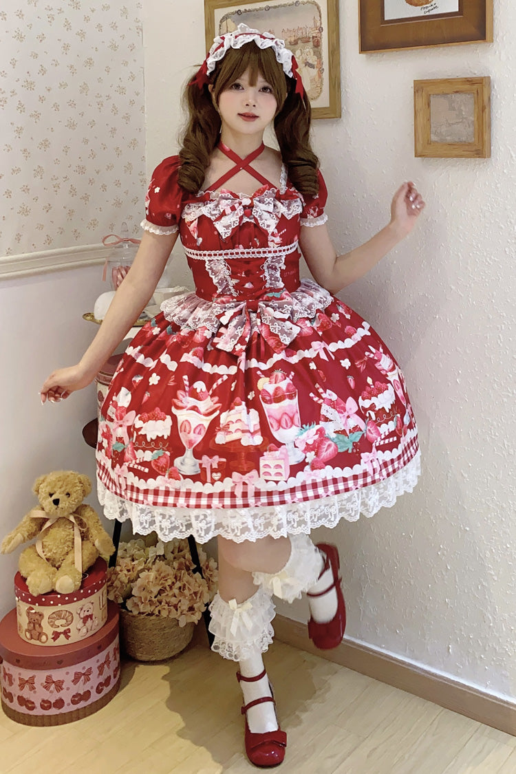 Crimson Strawberry Parfait Pattern Short Sleeve Bow Lace Corset Sweet Lolita Gown