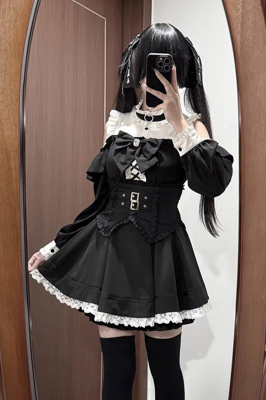 Off Shoulder Long Sleeves Ruffled Jirai Kei Japanese Dress Set