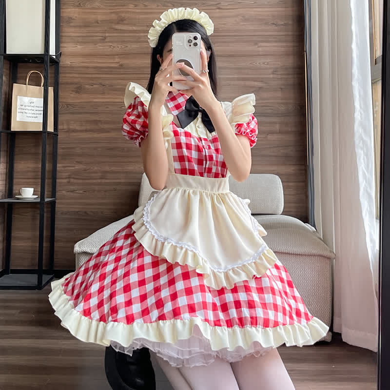 Sweet Bow Knot Ruffled Plaid Maid Dress