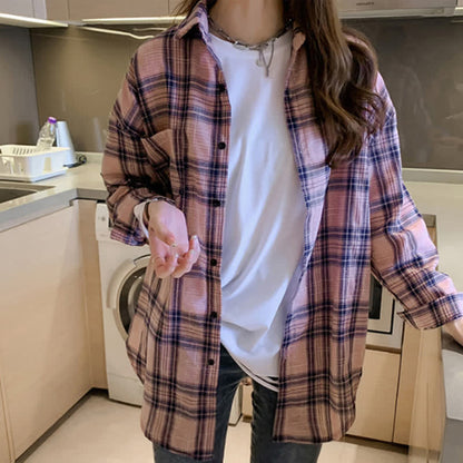 Plaid Print Pocket Lapel Loose Shirt