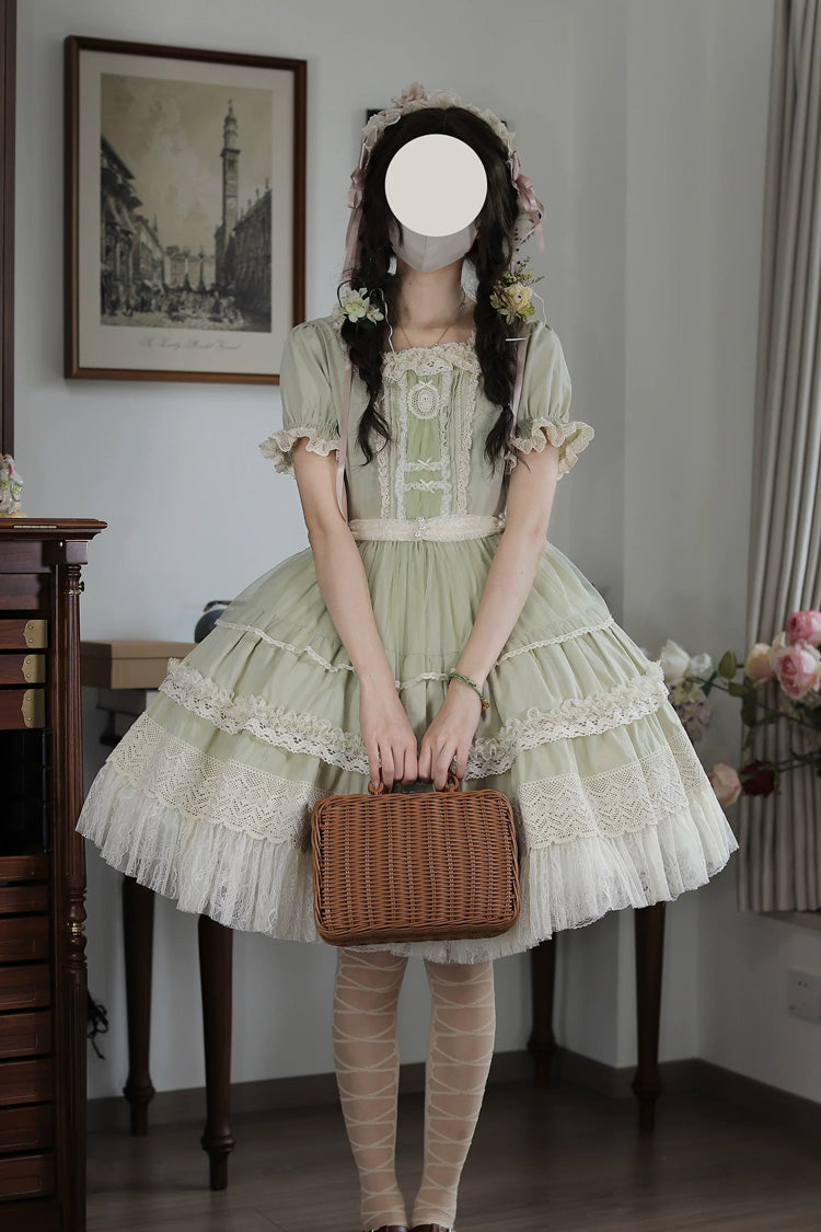 Vintage Ball Square Collar Lace Pearl Sweet Dress in Muscat Green