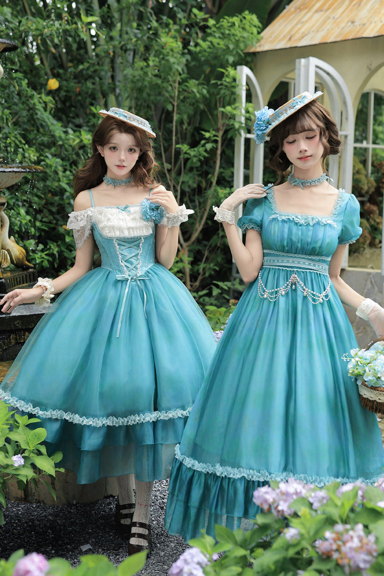Water Lily Square Collar Ruffled Lace-Up Royal Lolita Dress