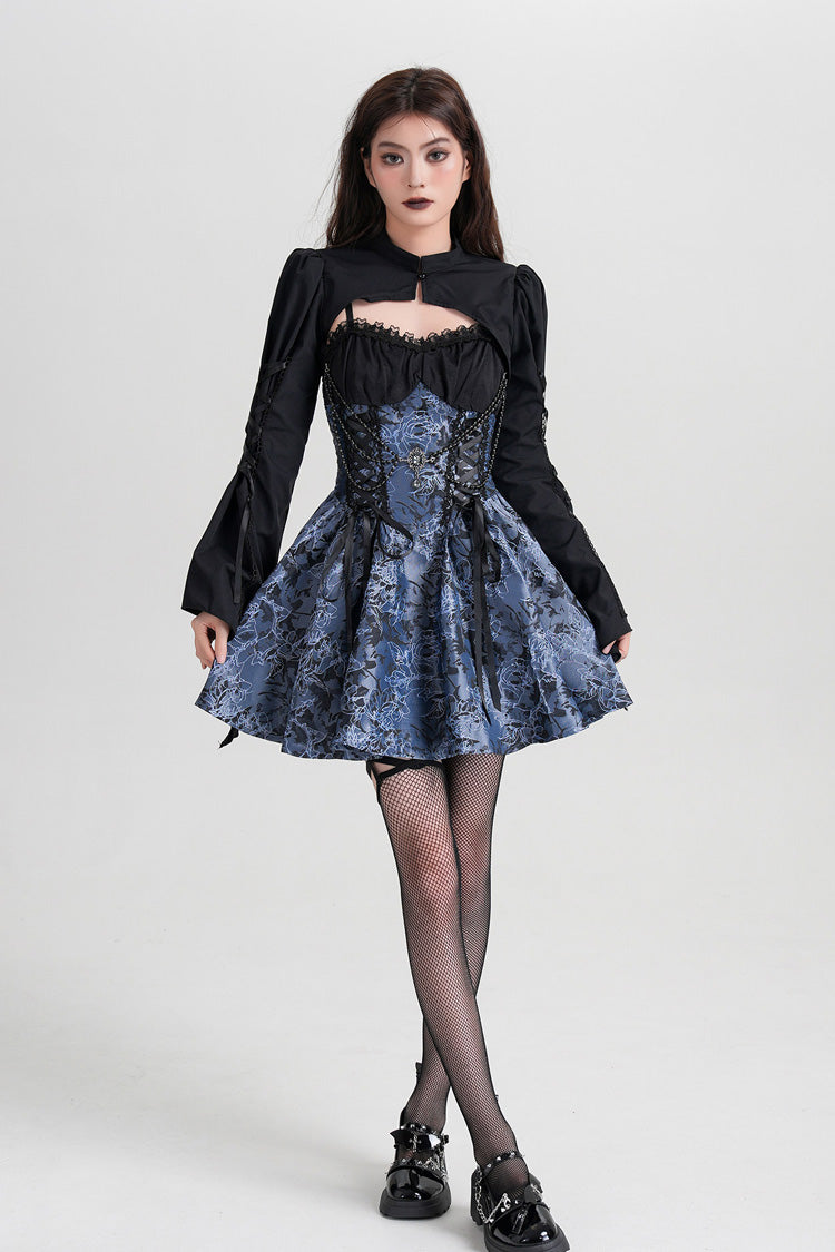 Blue Sleeveless Jacquard Printed Spliced Lace-Up Gothic Vintage Lolita Jsk Dress