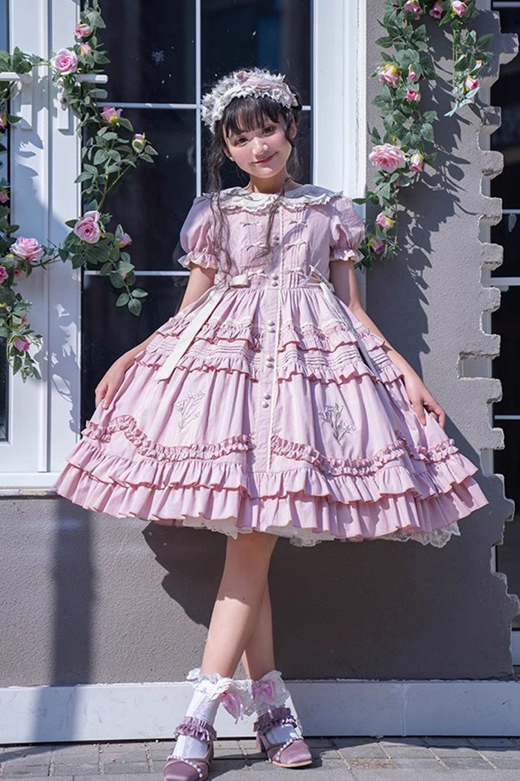Pink Doll Collar Dress with Iris Embroidery - Sweet