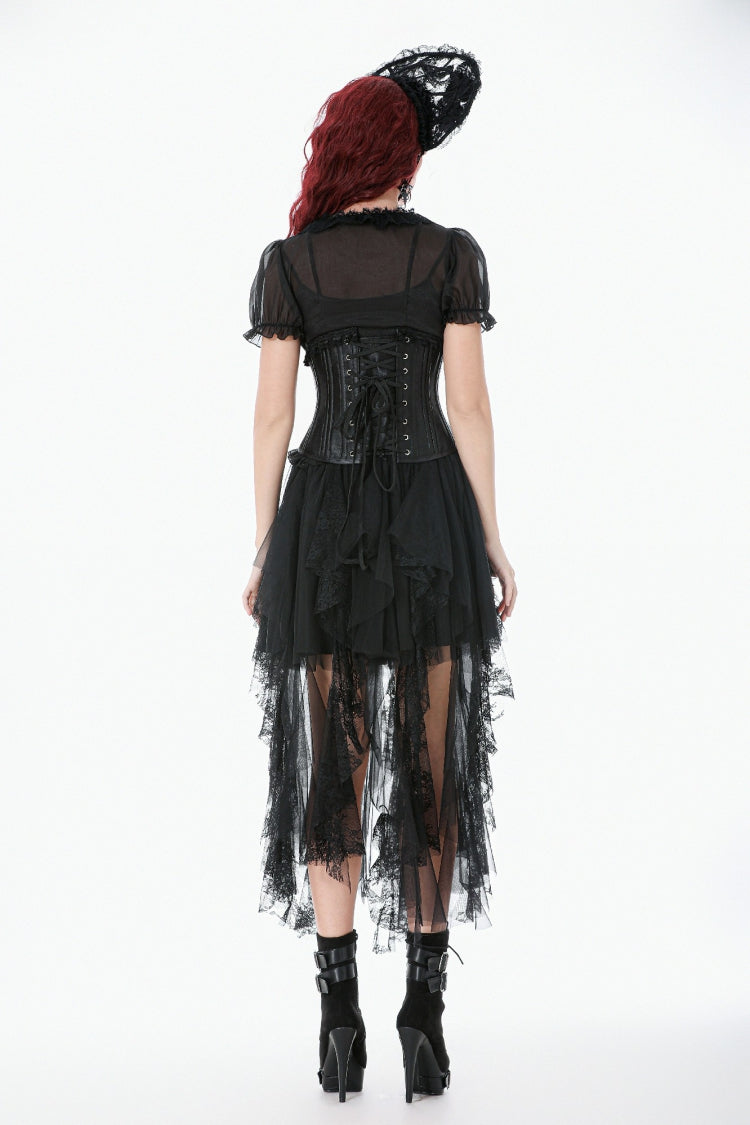 Matte Black Lace-Up Underbust Corset with Sheer Panels - Punk Style