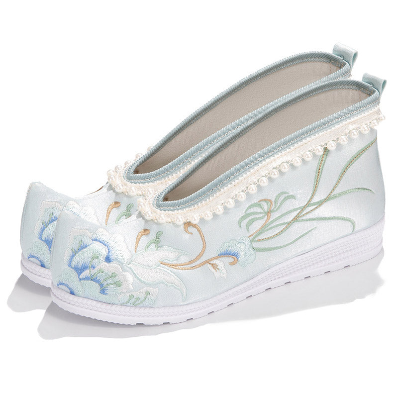 Vintage Embroidery Floral Print Pearl Trim Flats Shoes