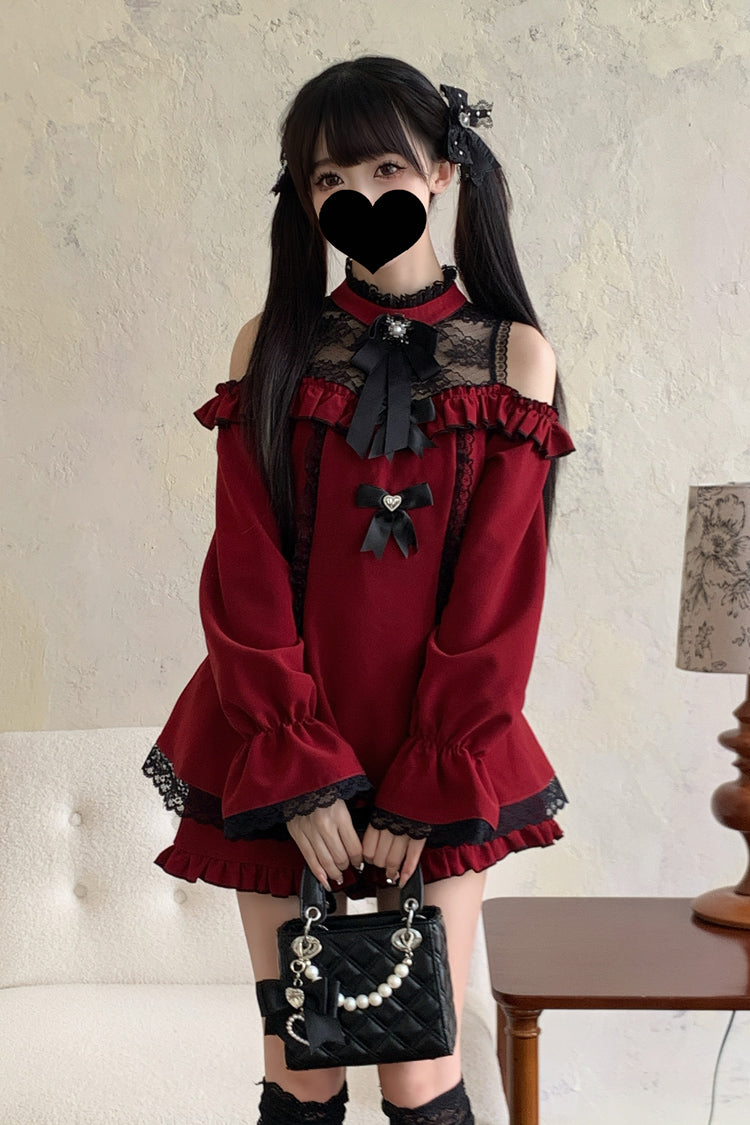 Sweet Off Shoulder Halterneck Long Sleeve Ruffled Bow Lace Jirai Kei Dress Shorts Set