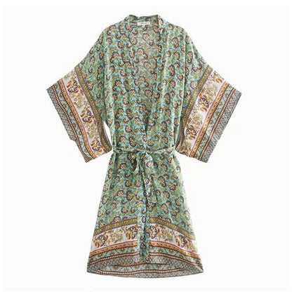 Boho Beach Print Belt Robe Long Cardigan Outerwear