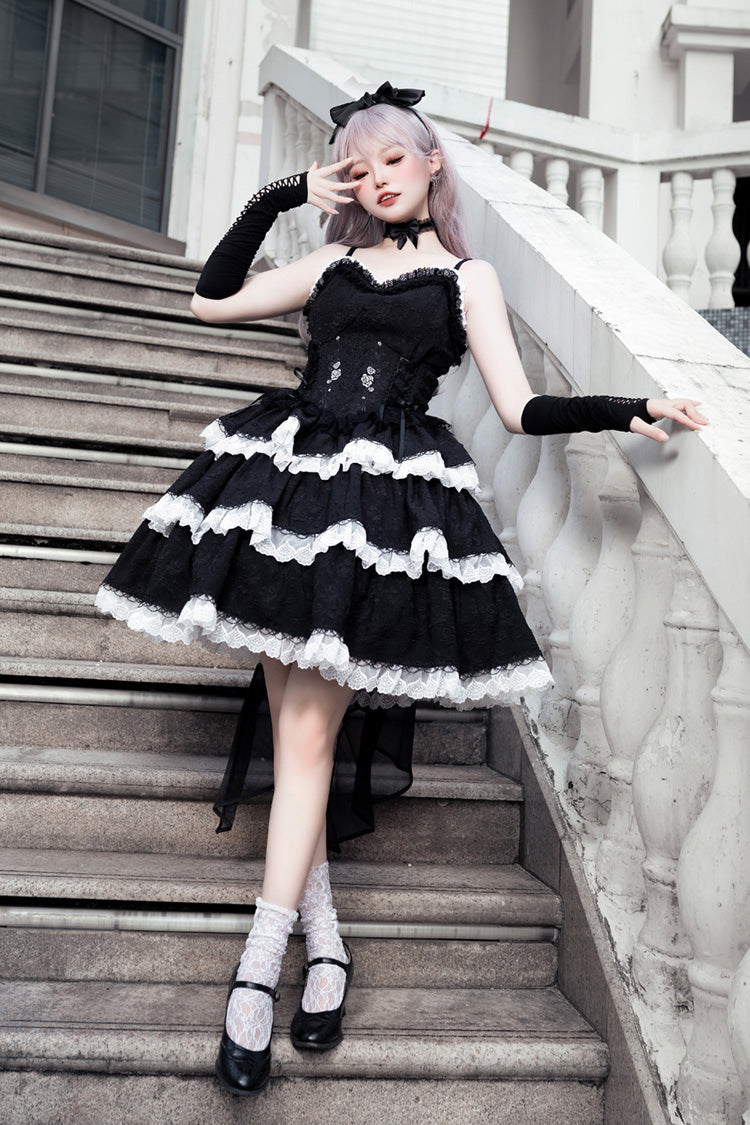 Midnight Ruffled Embroidered Bow Accent Gothic JSK Frock