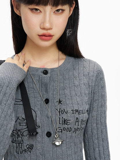 Grey Manga Girl Embroidery Slim-fit Cardigan