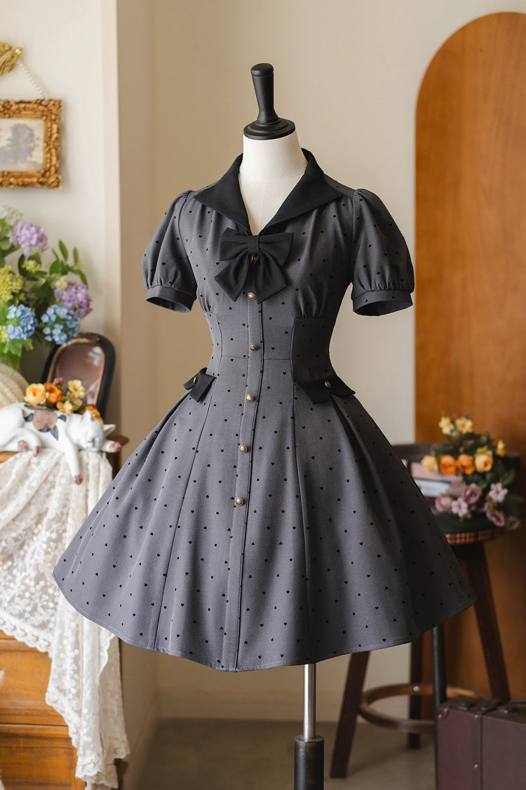 Ash Heart-Print Polka Dot Bow Sweet Lolita Gown