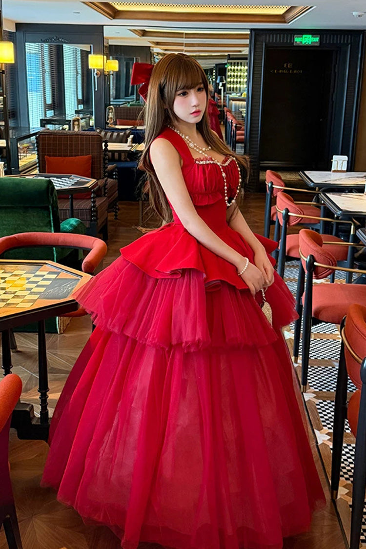 Crimson Romantic Rose Square Neck Sleeveless Ruffled Classic Ballet Lolita Gown