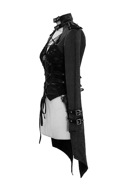 Noir Punk Coat with Spikes and Zipper Front