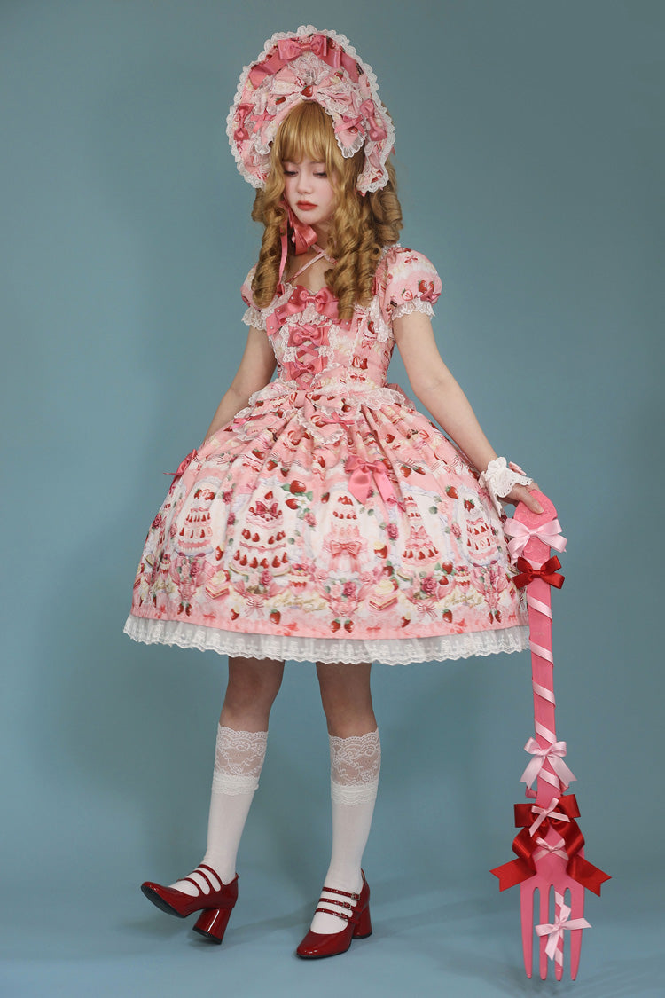 Strawberry Cake Bouquet Print Square Collar Short Sleeve Bow Lace Sweet Lolita Dress - 3 Colors