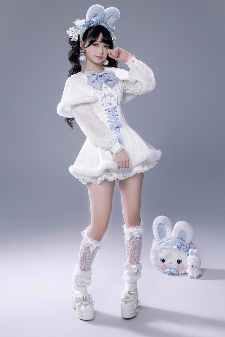 White Long Sleeve Ruffled Bow Lace-Up Jirai Kei Plush Set