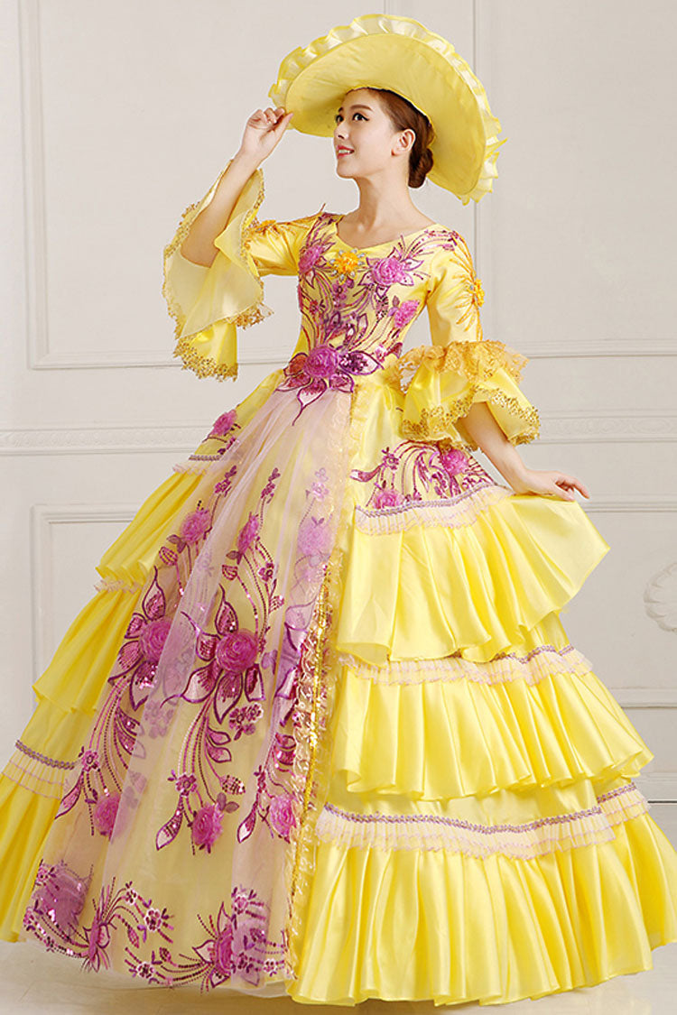 Yellow Victorian Dress with Hime Sleeves and Lace Embroidery - Altfashion Shop