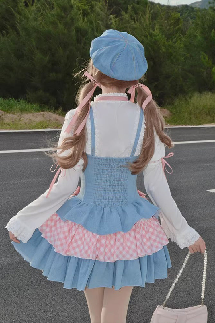Blue Pink Rock Ballet Printed Triple-Layered Ruffled Bow Lace-Up Sweet Jsk Dress