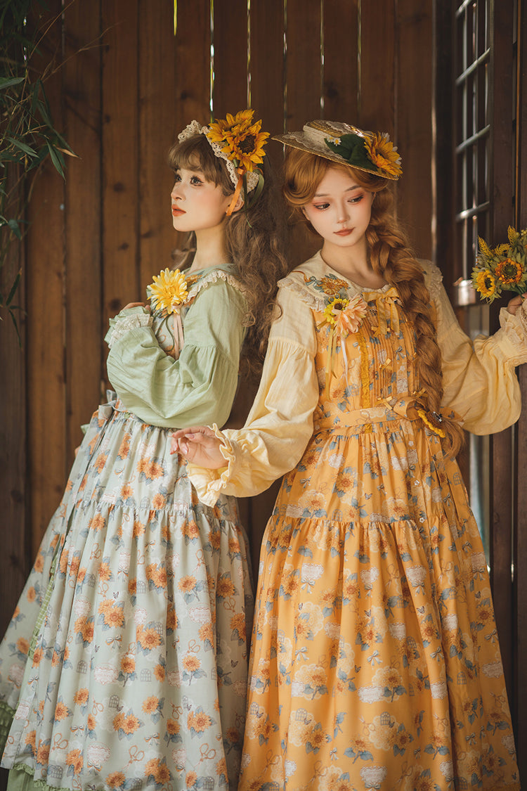 Yellow Sunflower Sleeveless Floral Bow Elegant Jsk Dress