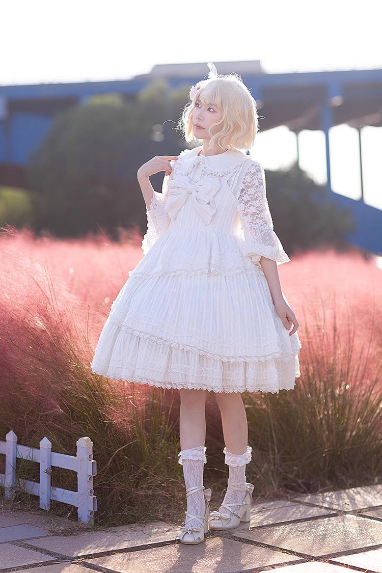 White Sweet Lolita Dress with Tower of Dawn Bowknot and Ruffled Sleeveless