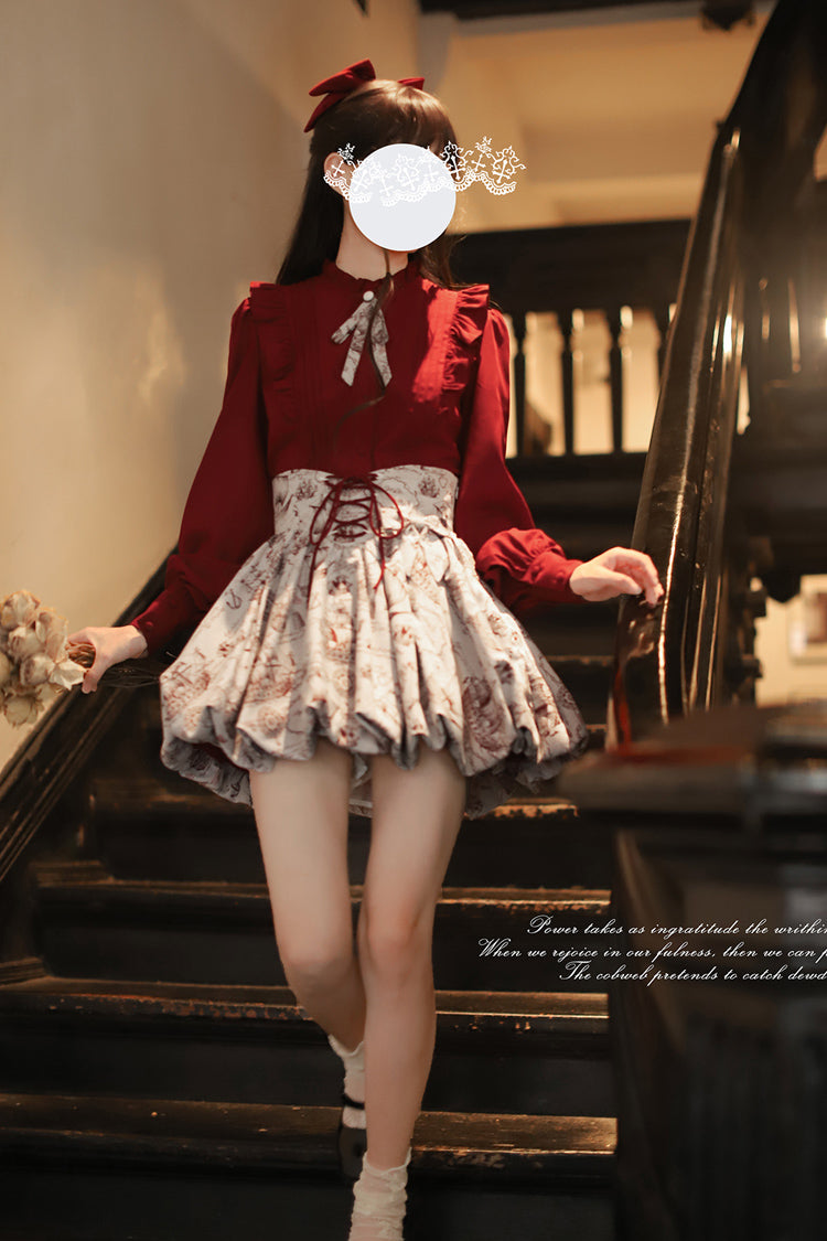 Ash Printed Sweet Lolita Skirt with Lace-Up Bow