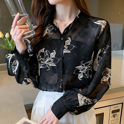 Black Floral Print Puff Sleeve Chiffon Shirt