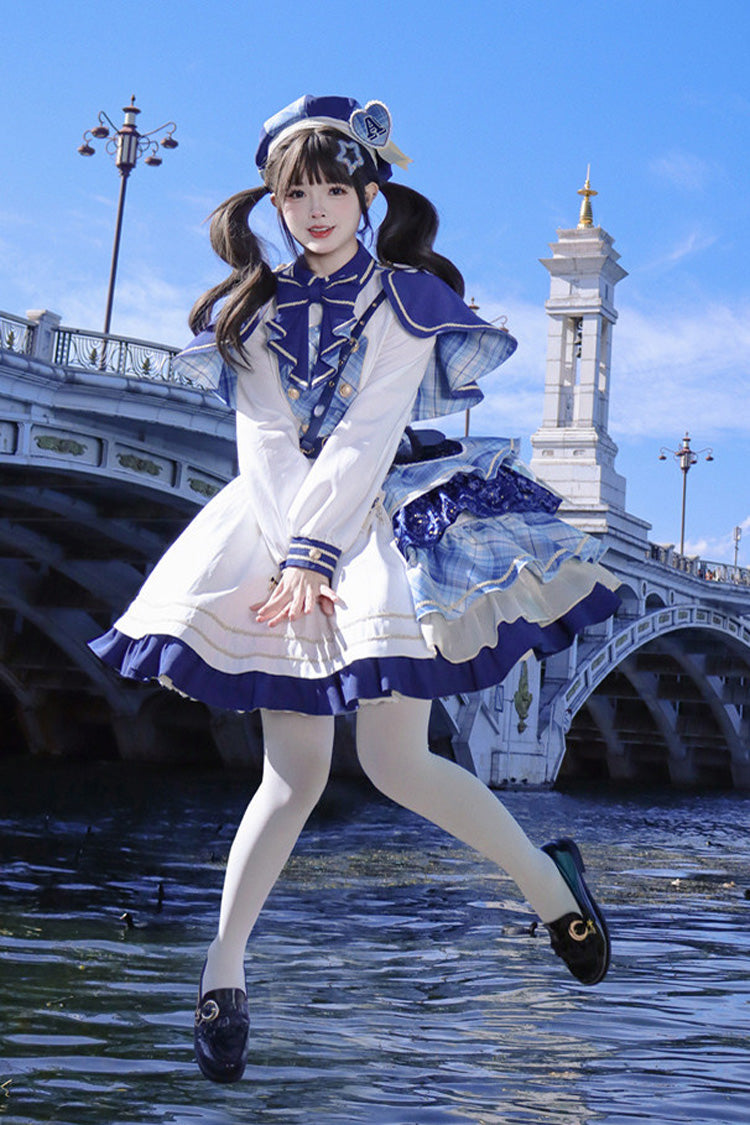 White Blue Starlight Academy Style Long Sleeves Printed Ruffled Spliced Asymmetric Faux Two-Piece Sweet Dress