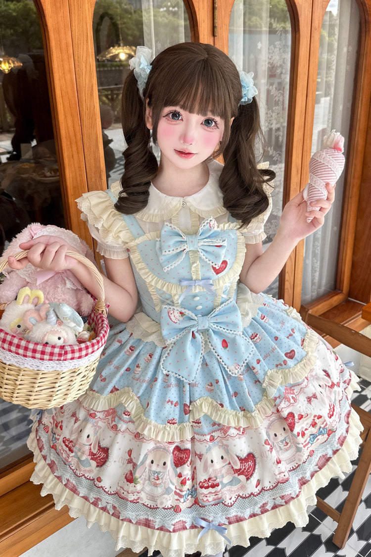 Blue [Cute Rabbit Party] Sleeveless Double-Layered Printed Ruffled Bow Sweet Lolita Jsk Dress