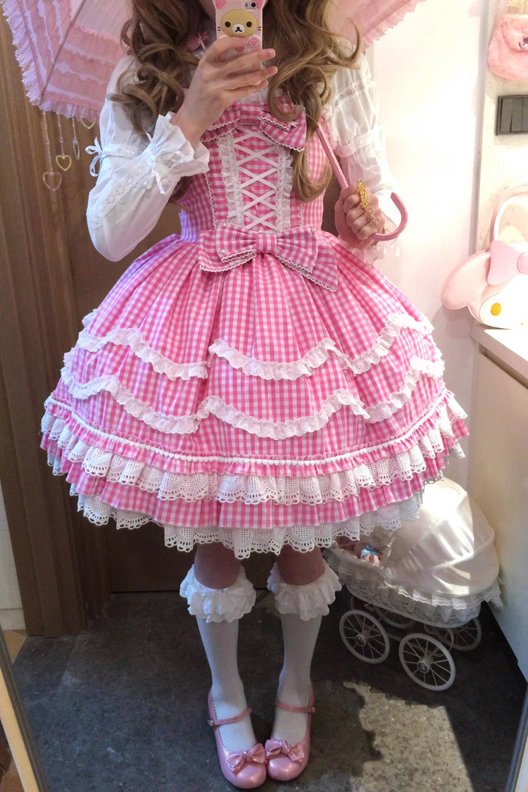 Pink Plaid Floral Ruffle Lace Up Sweet Lolita Dress