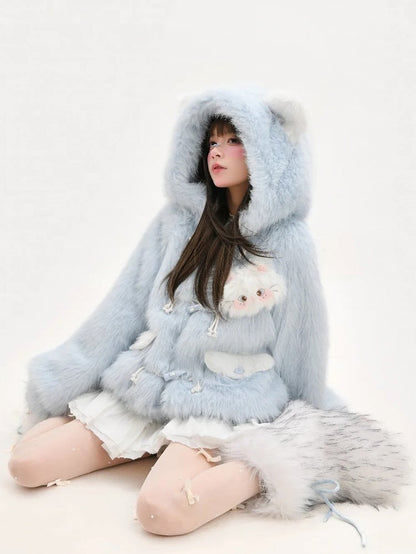 Blue Fluffy Cat Ears Hooded Faux Fur Coat Detachable Cat Plushie