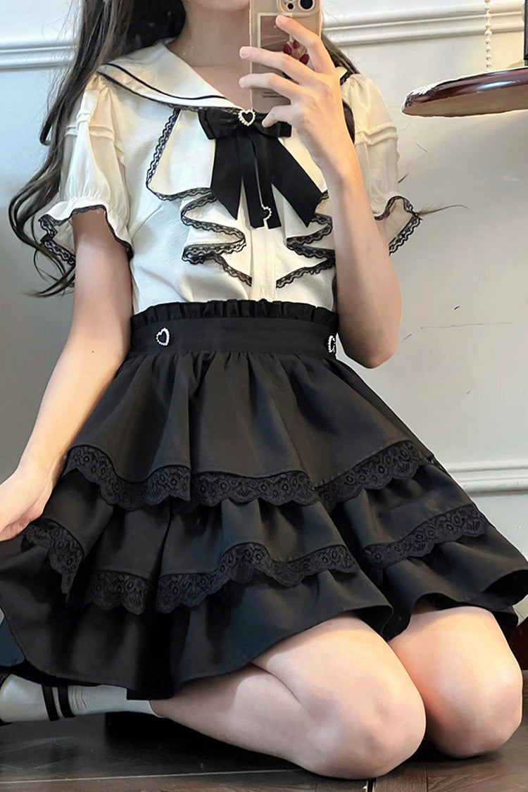 Monochrome Sailor-Collar Jirai Kei Skirt Set with Multi-Layered Ruffles and Bow