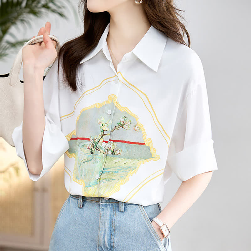 Painting Print Short Sleeve Chiffon Lapel Shirt